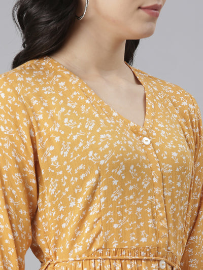 Neeru's Mustard Straight Casual Floral Dresses