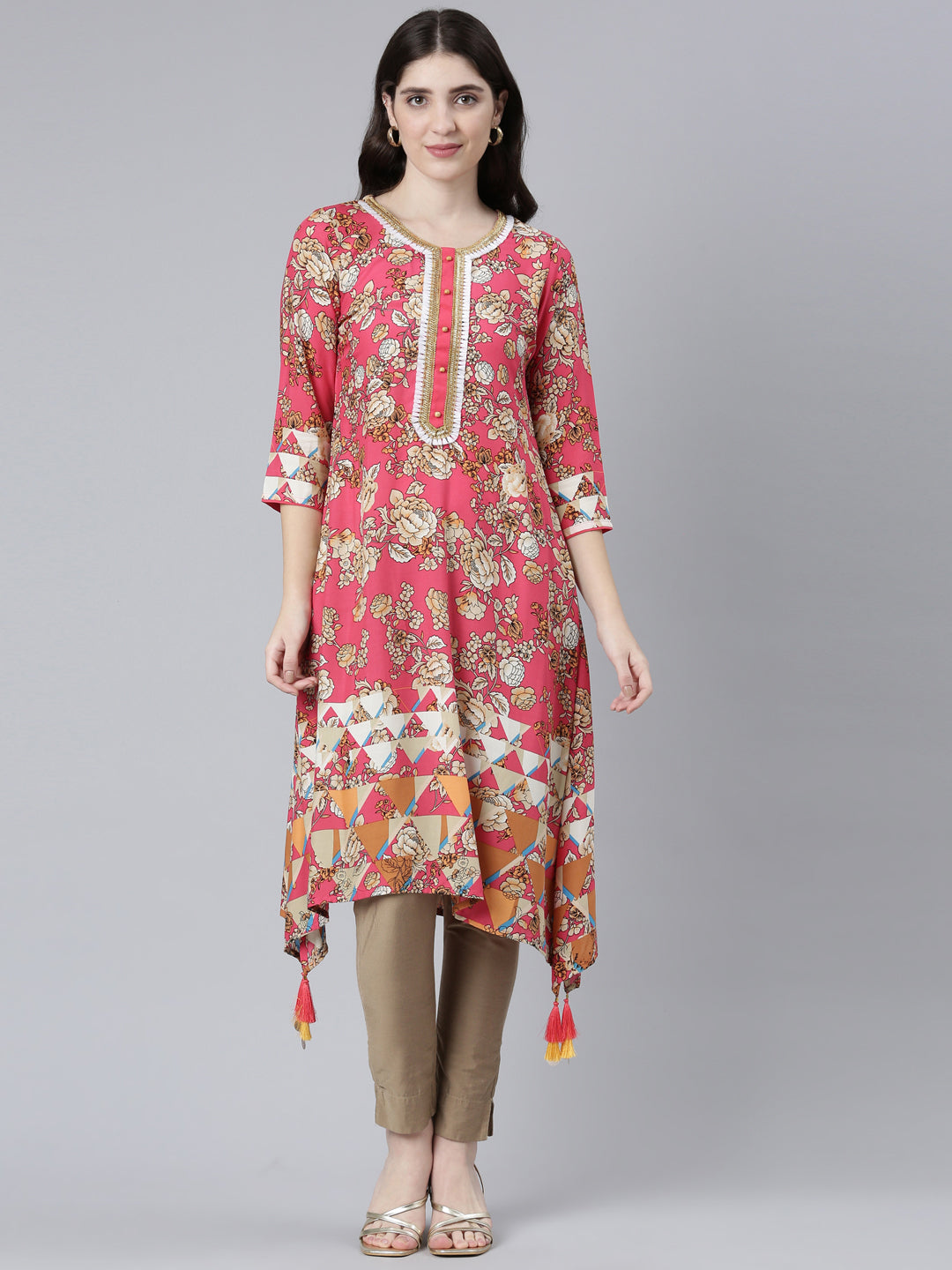 Neeru's Red Regular A-Line Printed Kurtas