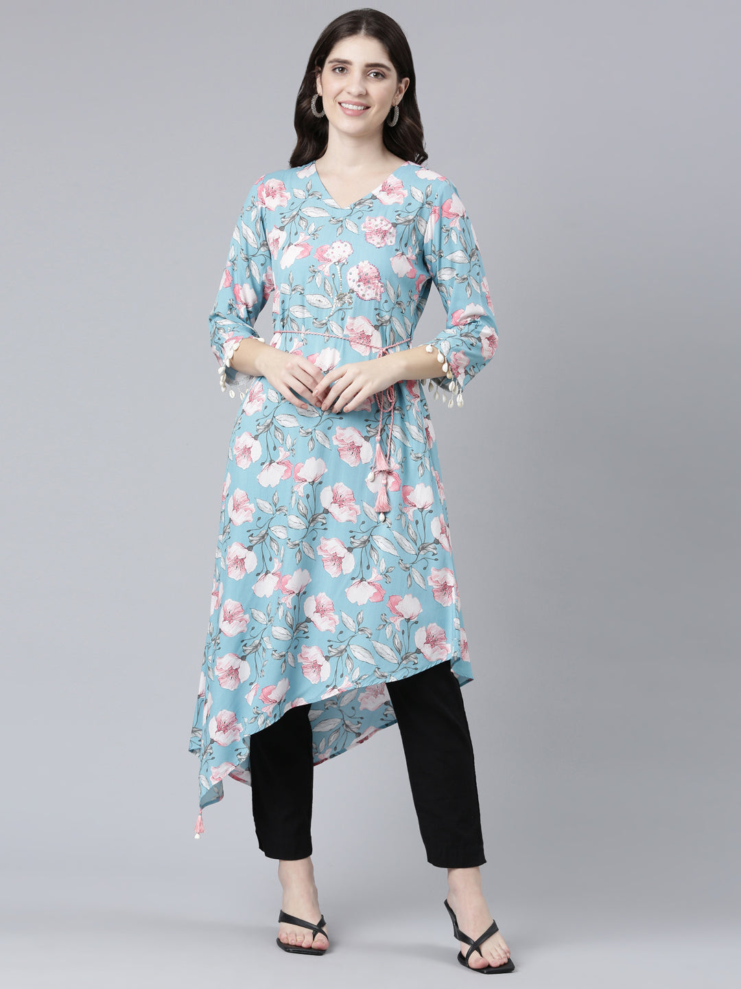 Neeru's Blue High-Low Casual Printed Dress