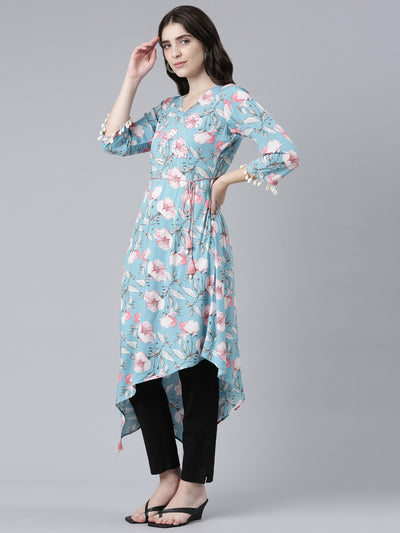 Neeru's Blue High-Low Casual Printed Dress