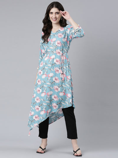 Neeru's Blue High-Low Casual Printed Dress