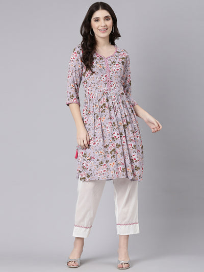 Neeru's Lavender Regular Straight Printed Kurta And Trousers