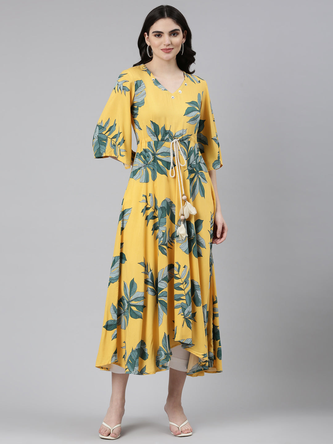 Neeru's Mustard High-Low Casual Printed Dress