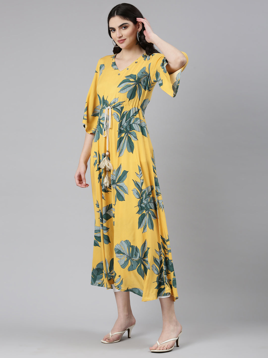 Neeru's Mustard High-Low Casual Printed Dress