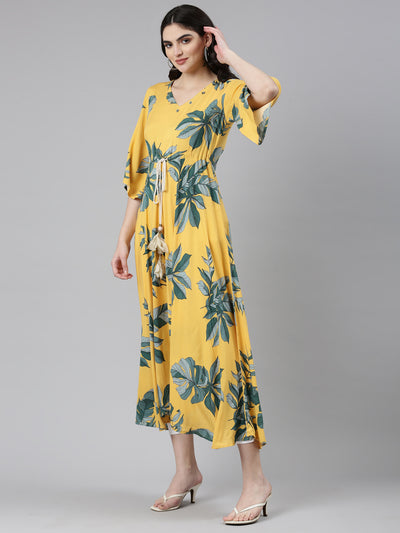 Neeru's Mustard High-Low Casual Printed Dress