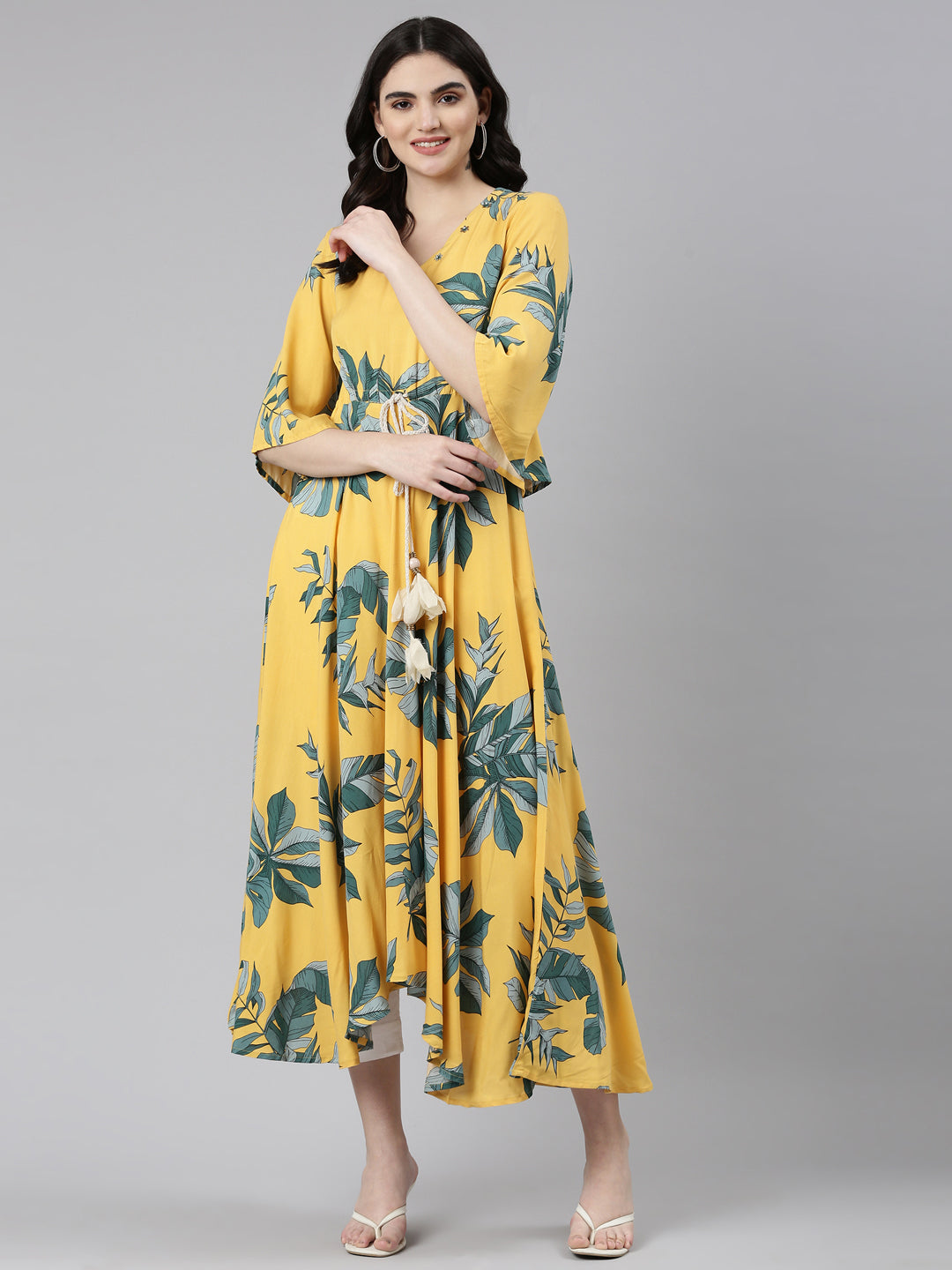 Neeru's Mustard High-Low Casual Printed Dress