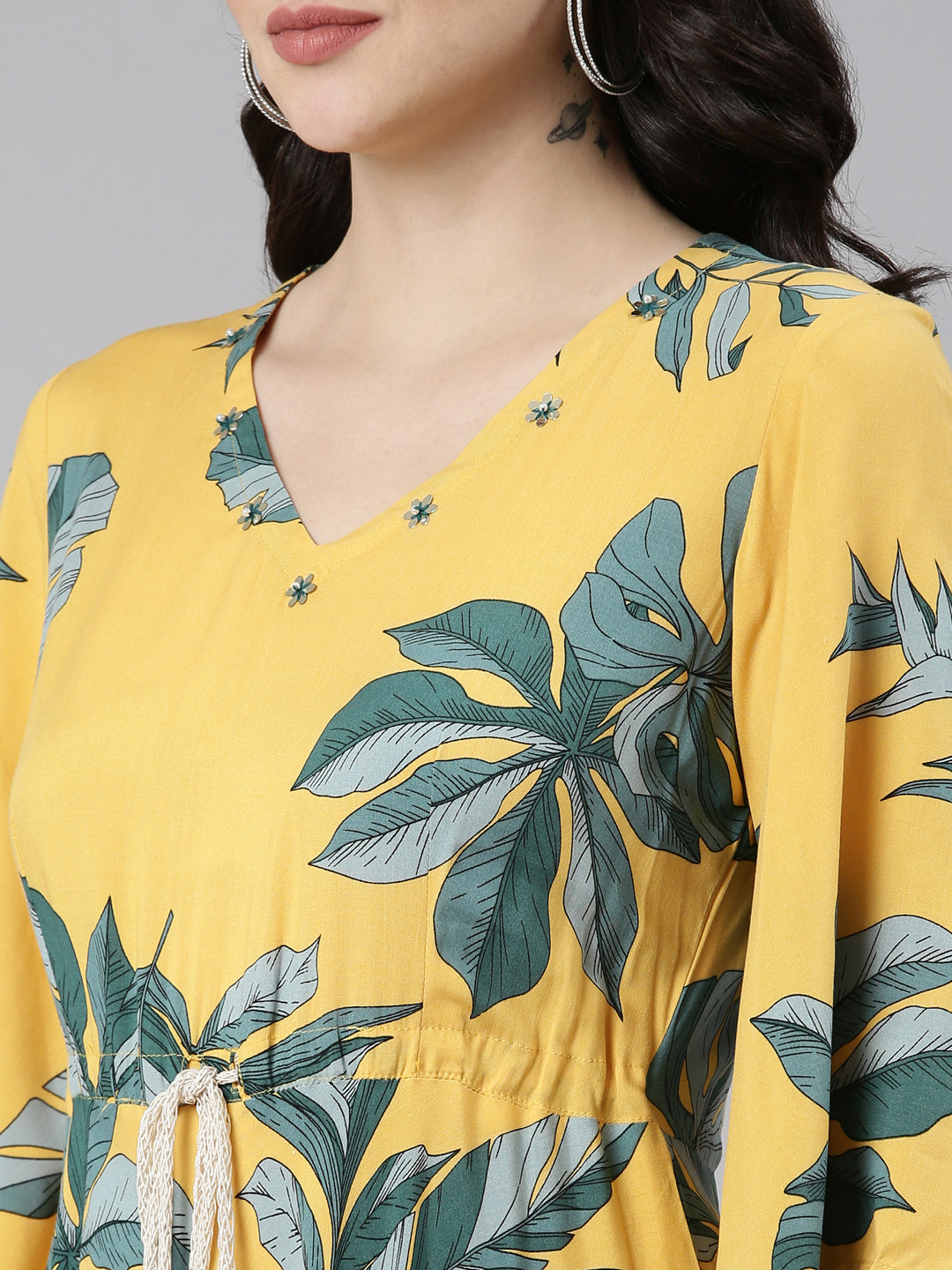 Neeru's Mustard High-Low Casual Printed Dress