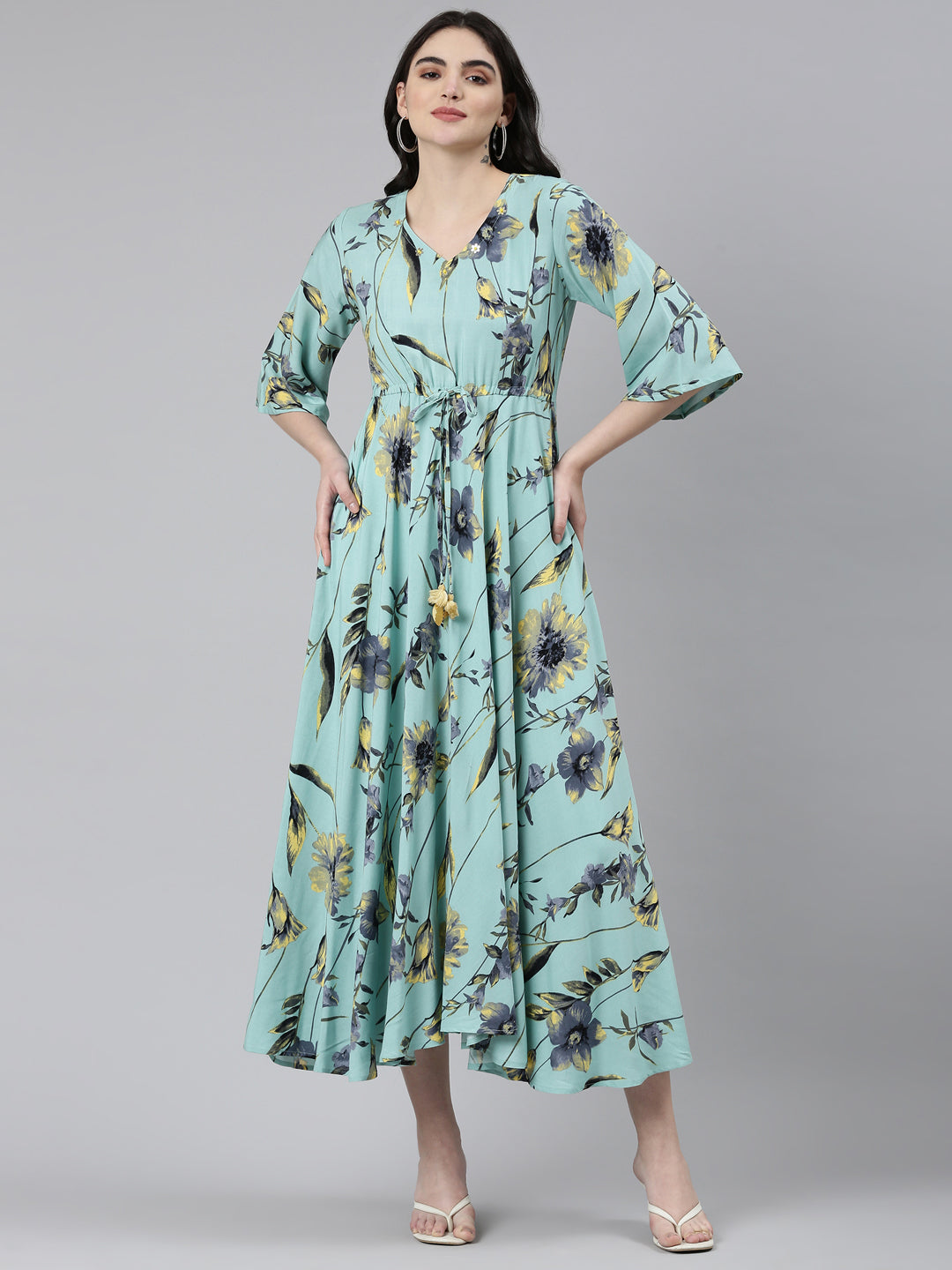 Neeru's Sea Green High-Low Casual Printed Dress