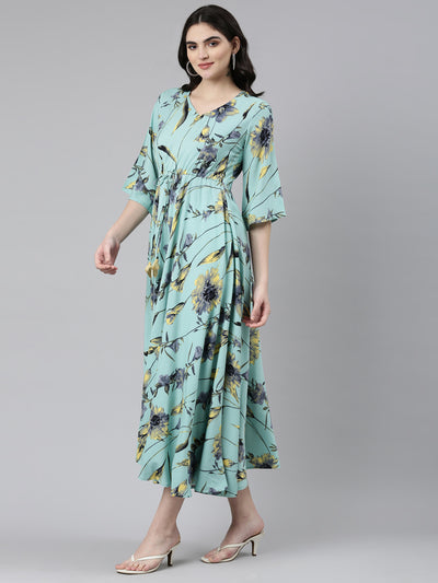 Neeru's Sea Green High-Low Casual Printed Dress