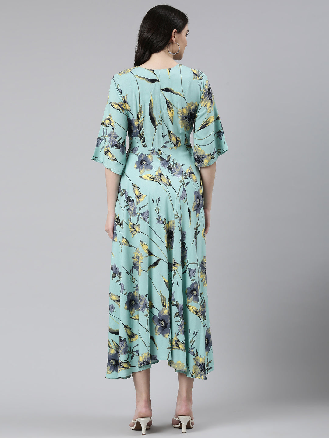 Neeru's Sea Green High-Low Casual Printed Dress