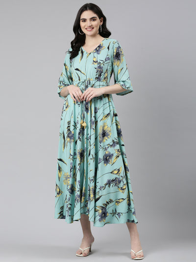 Neeru's Sea Green High-Low Casual Printed Dress