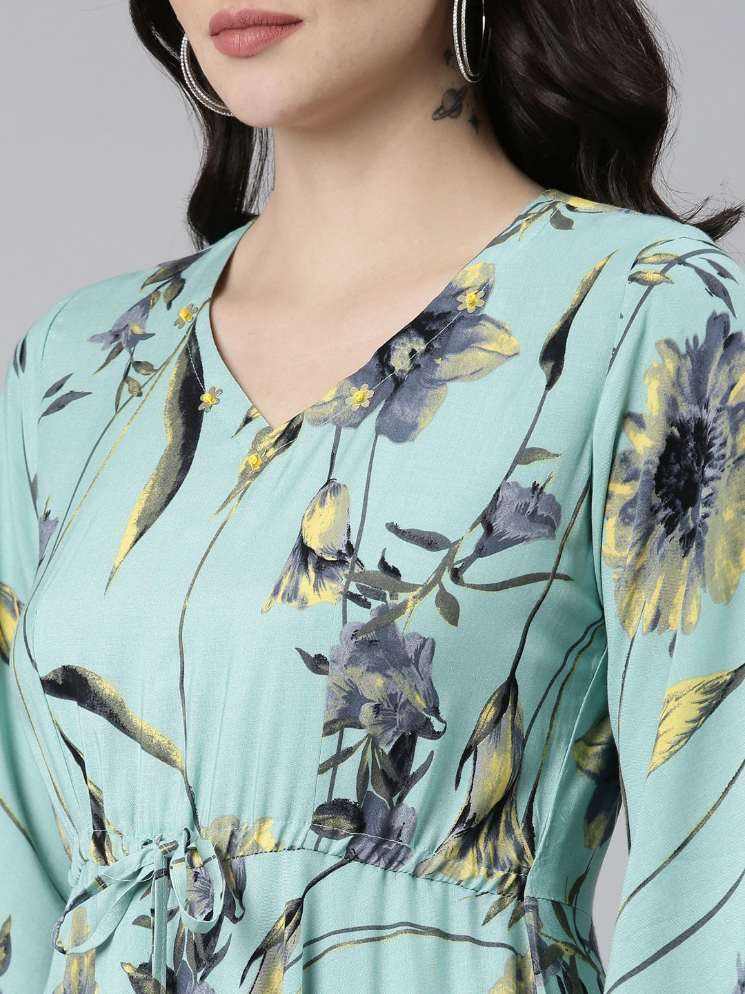 Neeru's Sea Green High-Low Casual Printed Dress