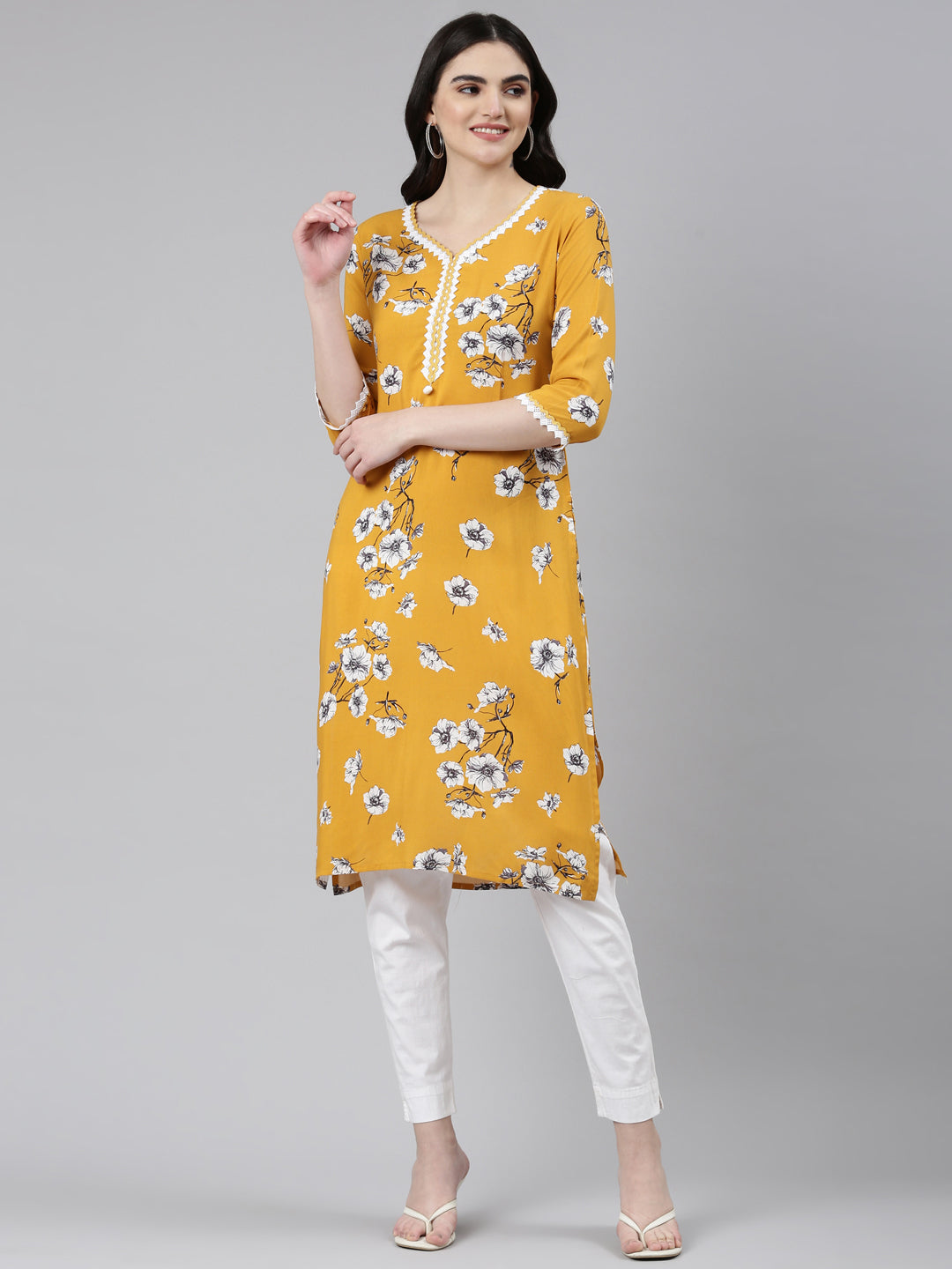 Neeru's Mustard Regular Straight Solid Kurta