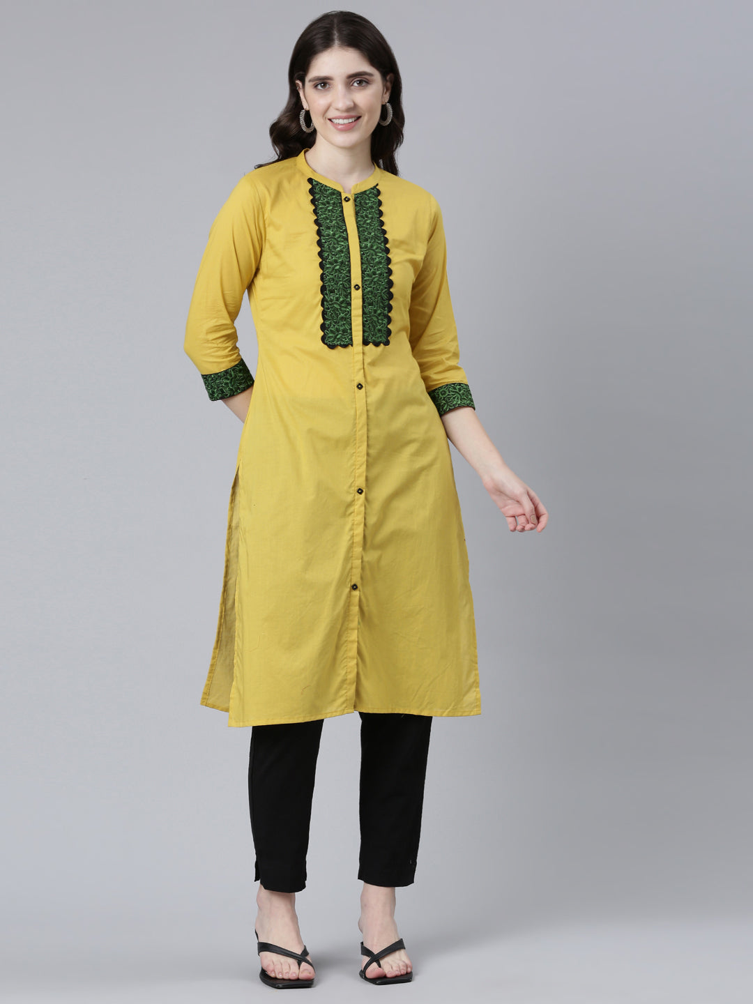 Neeru's Mustard Regular Straight Solid Kurtas