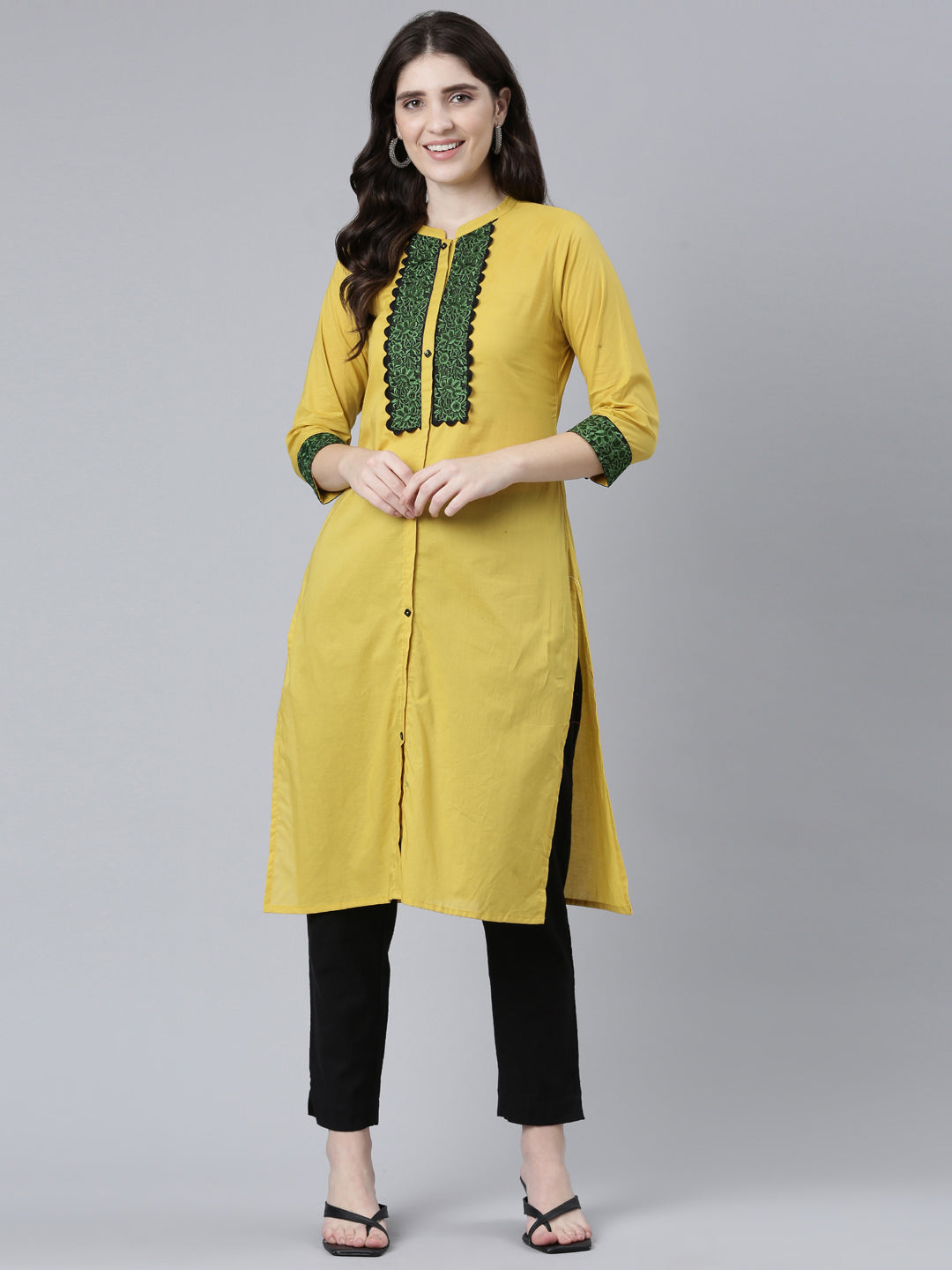 Neeru's Mustard Regular Straight Solid Kurtas