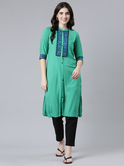 Neeru's Green Regular Straight Solid Kurtas