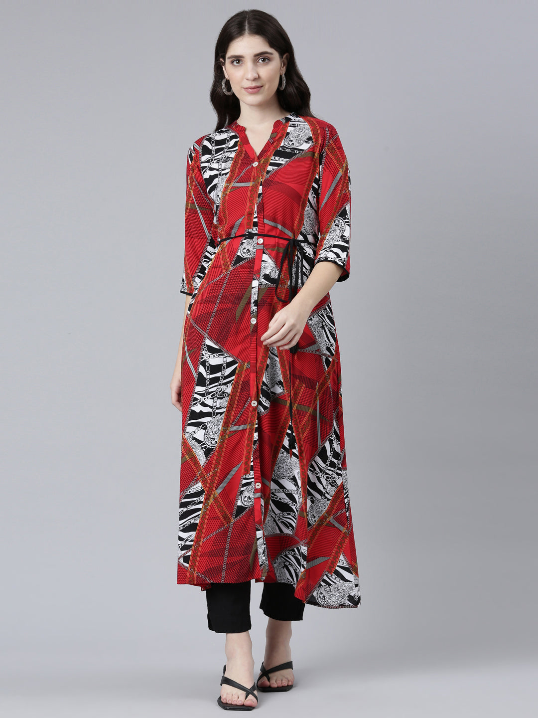 Neeru's Red Straight Casual Printed Dress