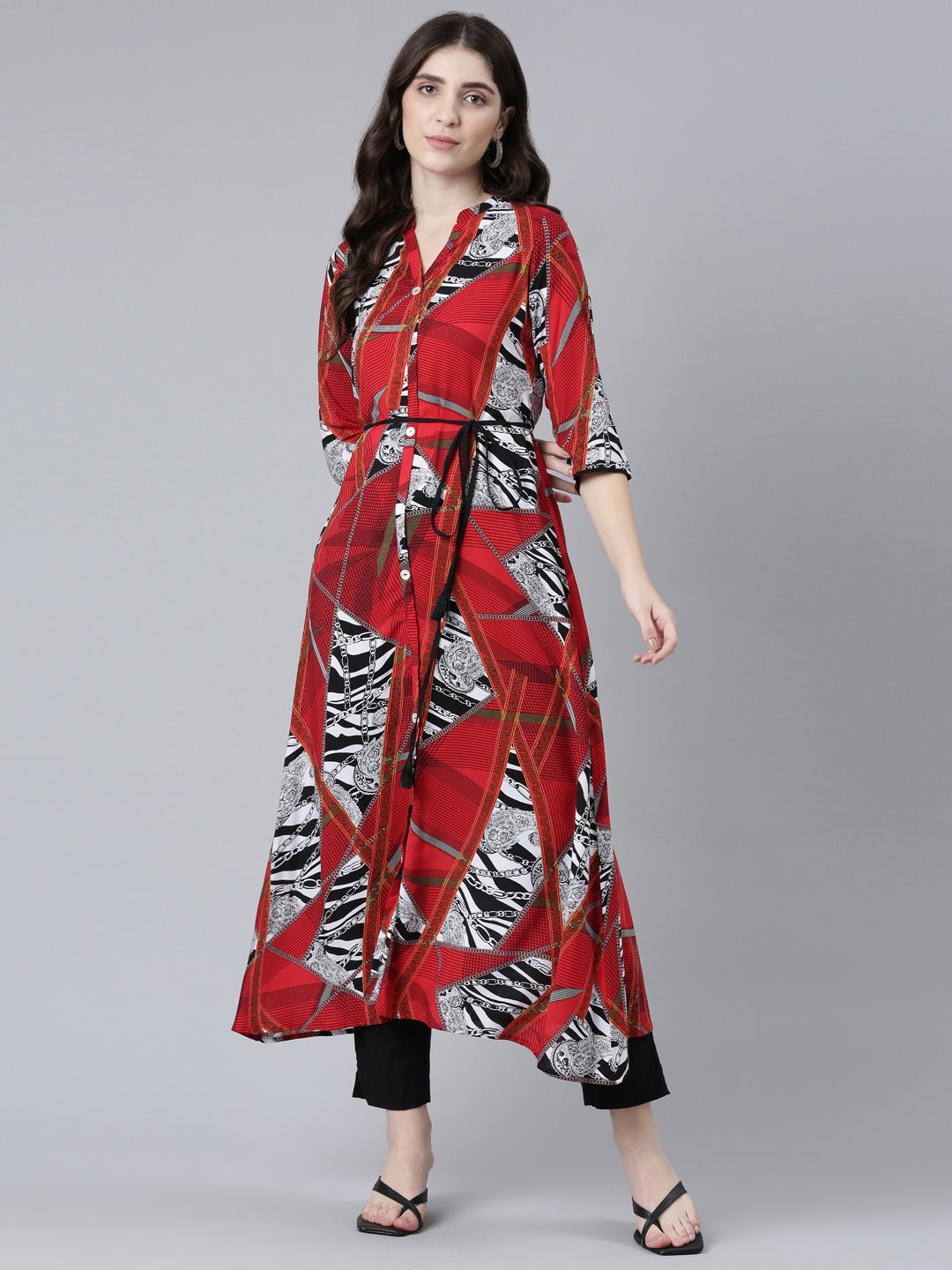 Neeru's Red Straight Casual Printed Dress