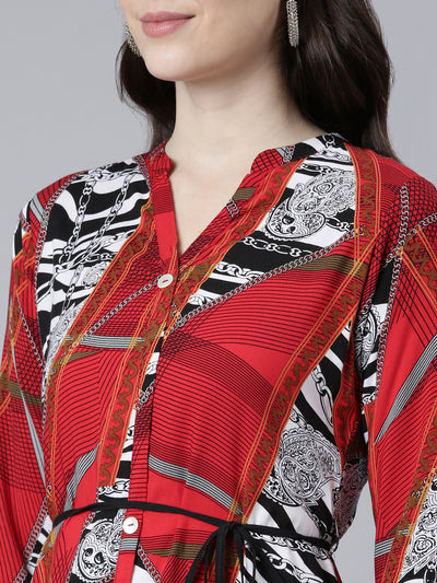 Neeru's Red Straight Casual Printed Dress