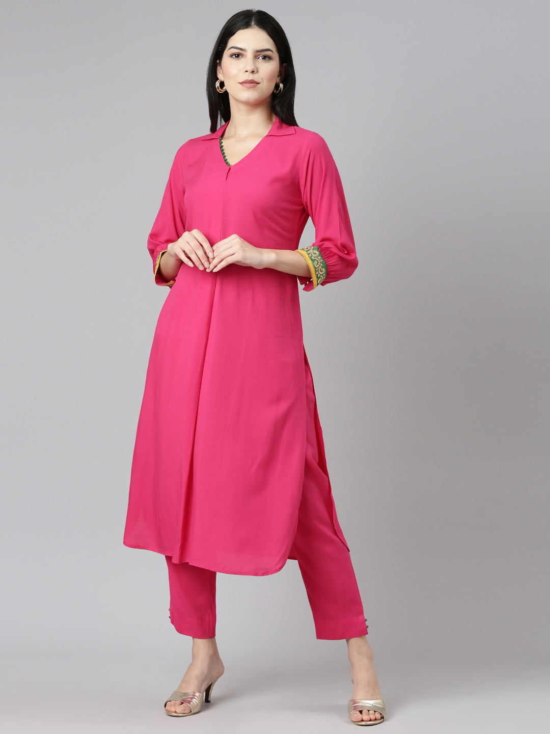 Neeru's Pink Regular Straight Solid Kurta And Trousers