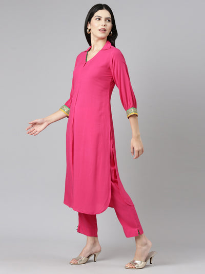 Neeru's Pink Regular Straight Solid Kurta And Trousers