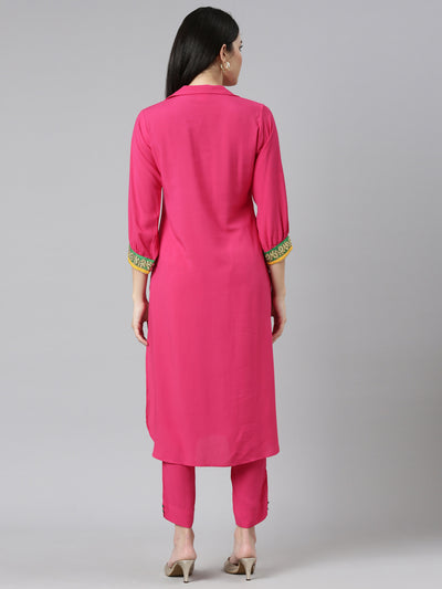 Neeru's Pink Regular Straight Solid Kurta And Trousers