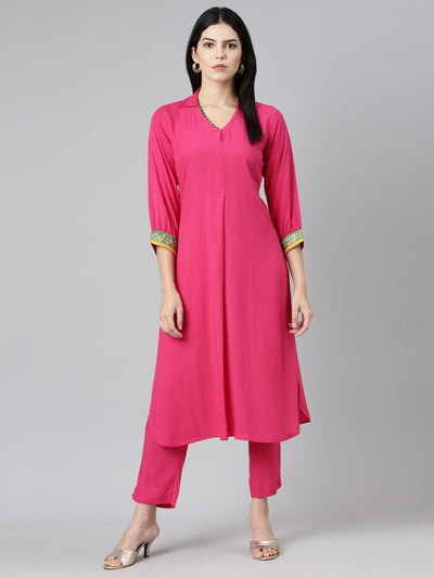 Neeru's Pink Regular Straight Solid Kurta And Trousers