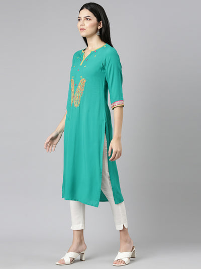 Neeru's Green Regular Straight Solid Kurtas