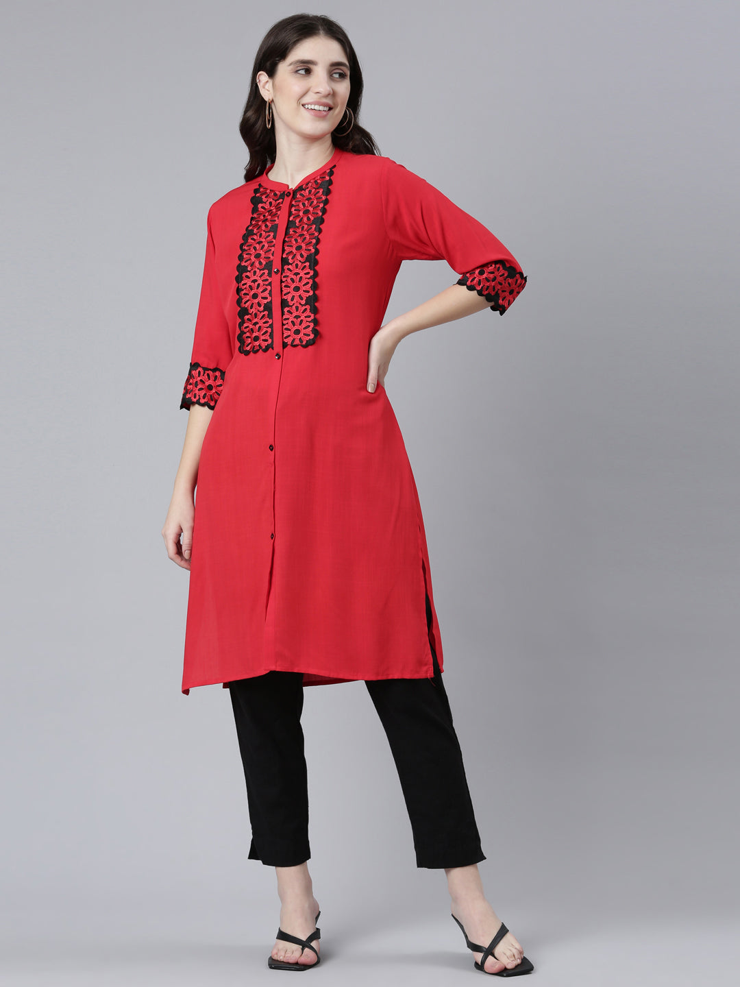 Neeru's Red Regular Straight Solid Kurtas