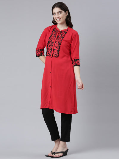 Neeru's Red Regular Straight Solid Kurtas