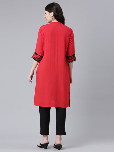 Neeru's Red Regular Straight Solid Kurtas