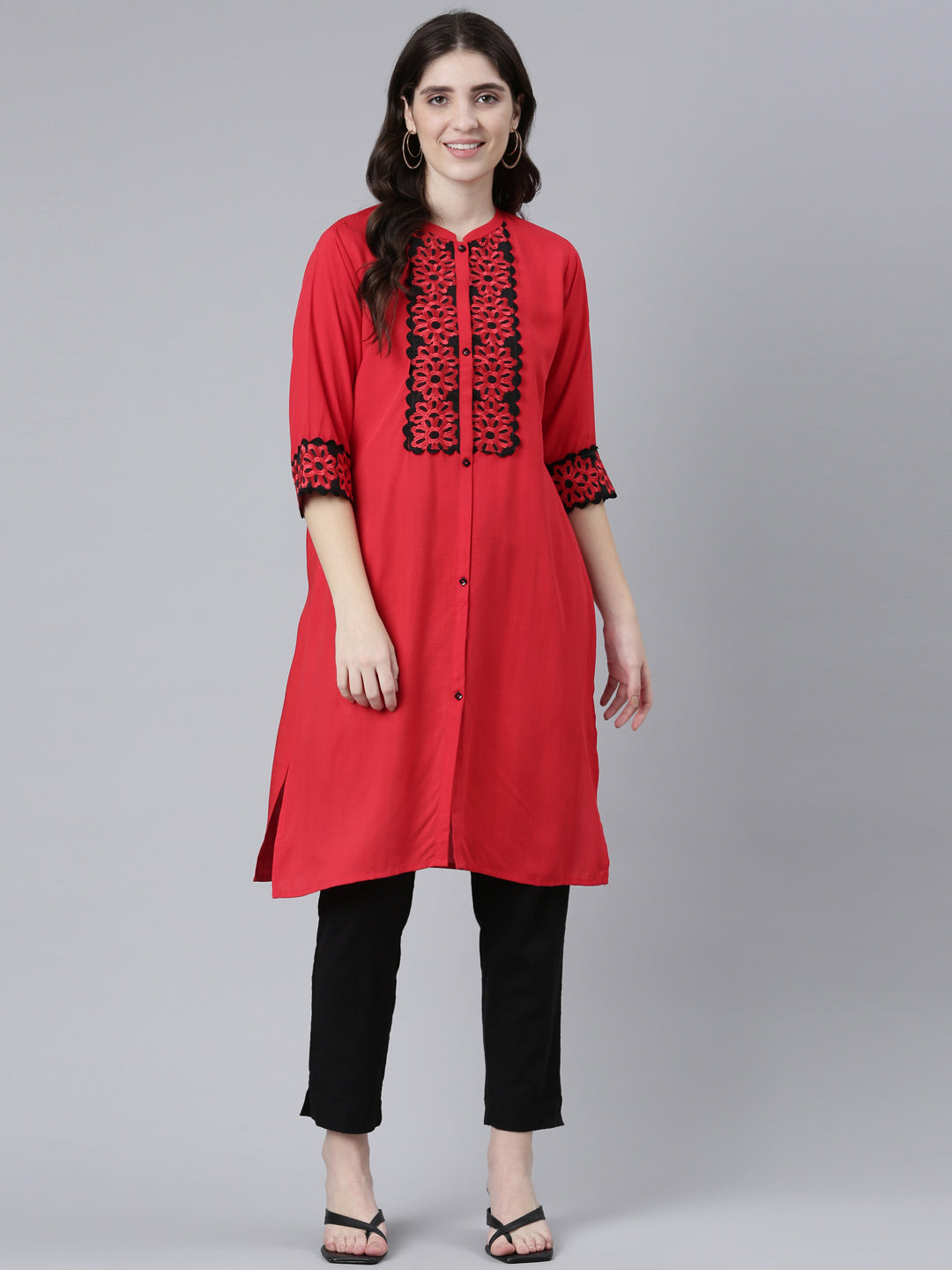 Neeru's Red Regular Straight Solid Kurtas