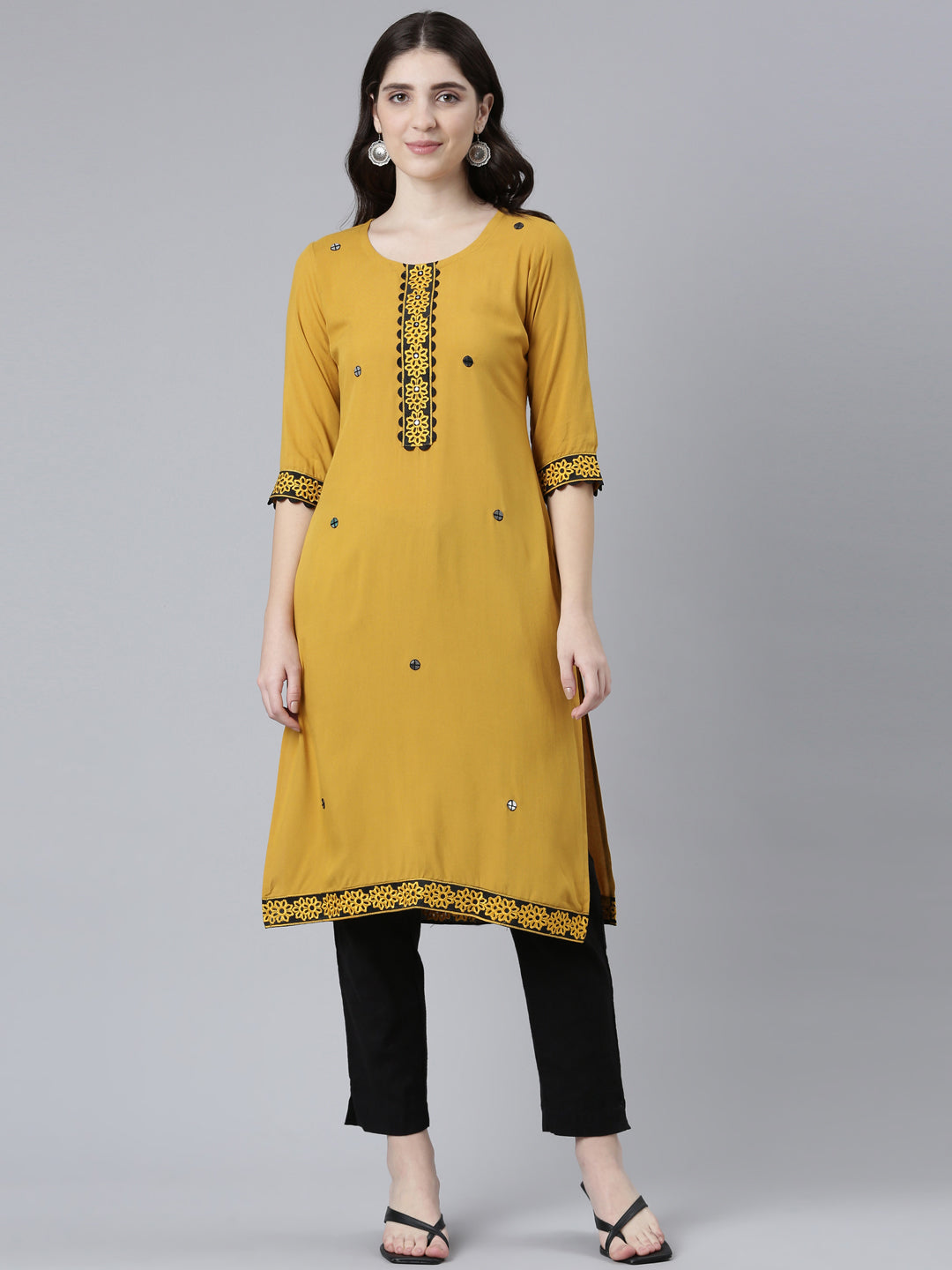 Neeru's Mustard Regular Straight Solid Kurtas