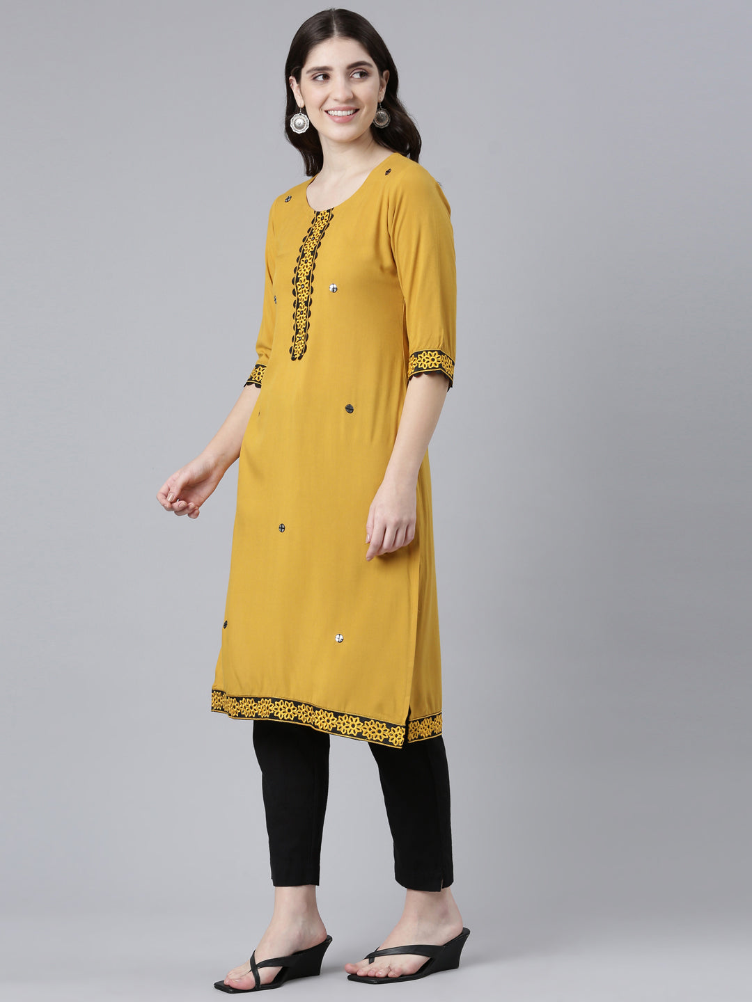 Neeru's Mustard Regular Straight Solid Kurtas