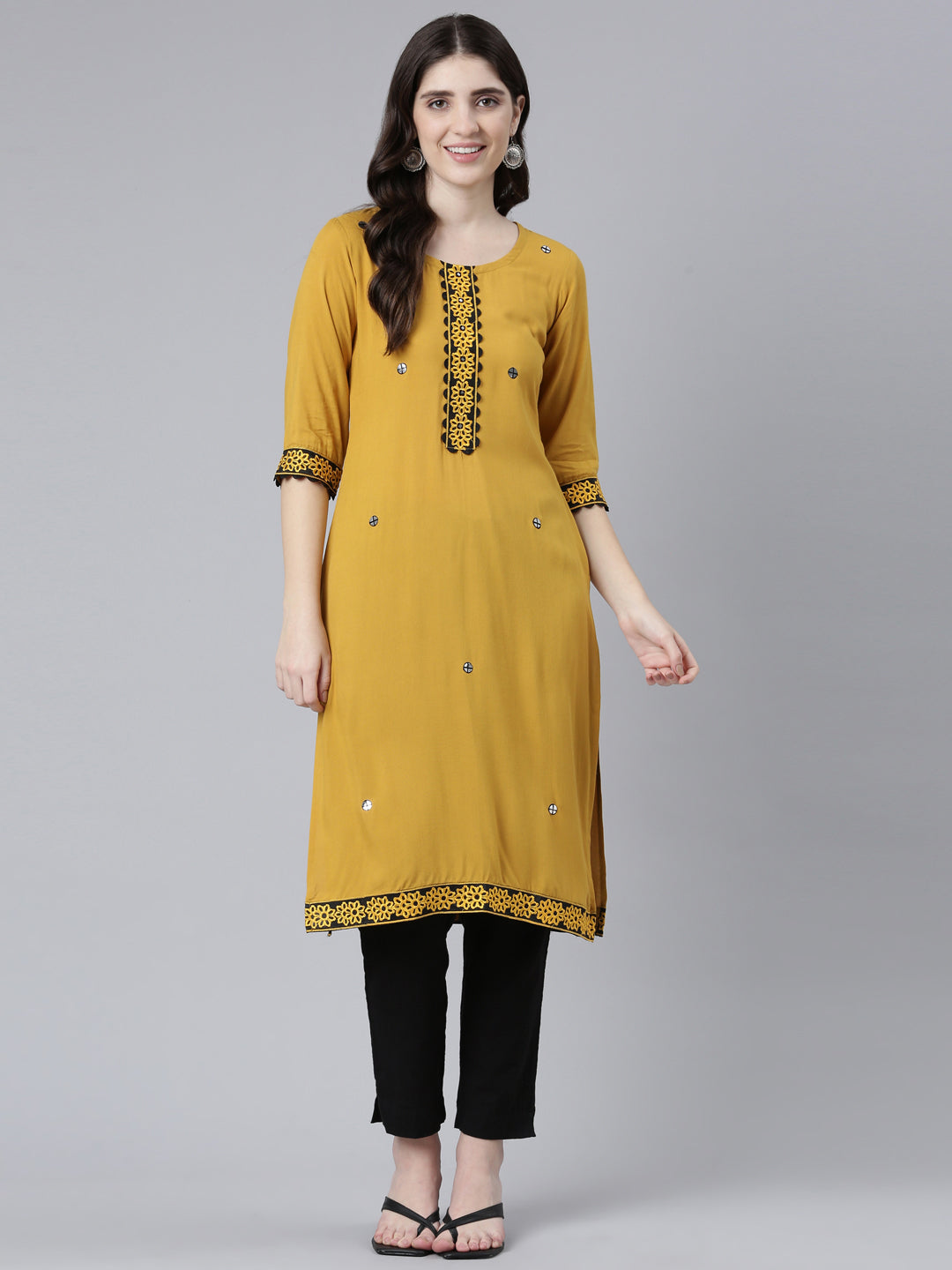 Neeru's Mustard Regular Straight Solid Kurtas