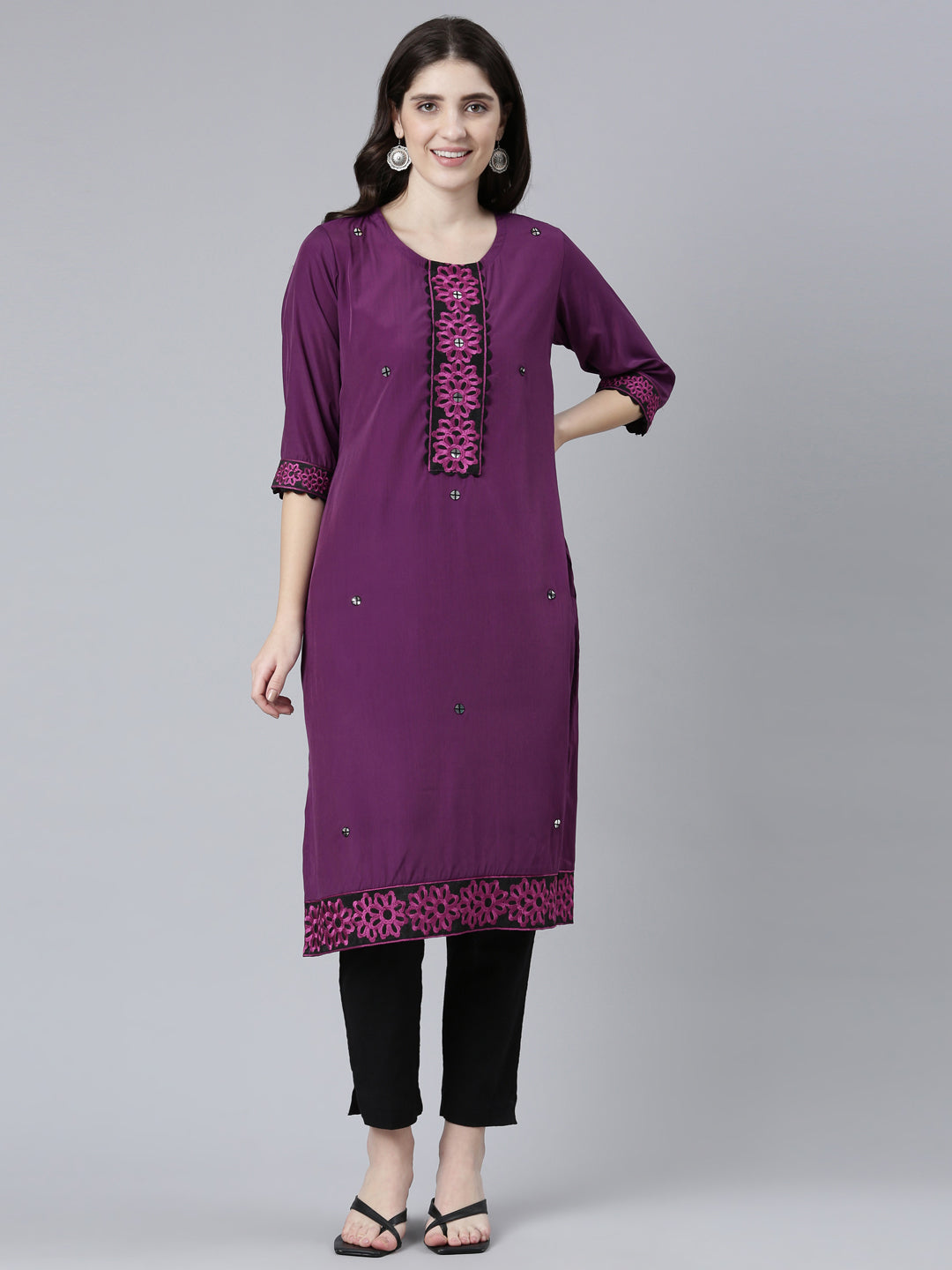 Neeru's Purple Regular Straight Solid Kurtas