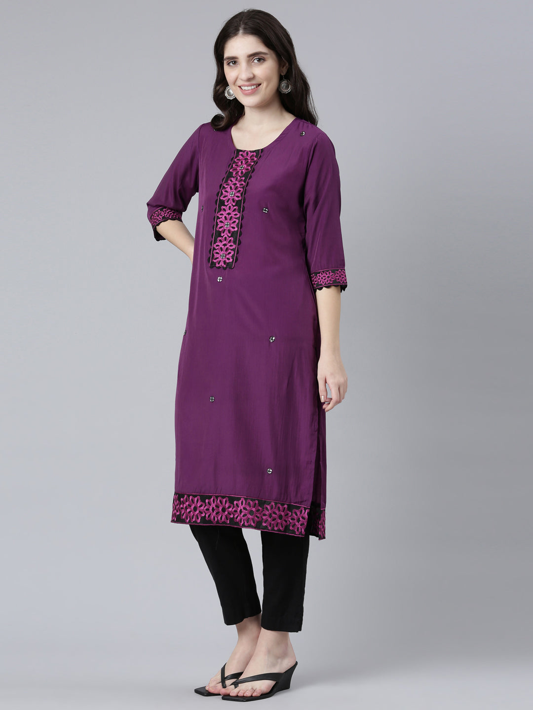 Neeru's Purple Regular Straight Solid Kurtas