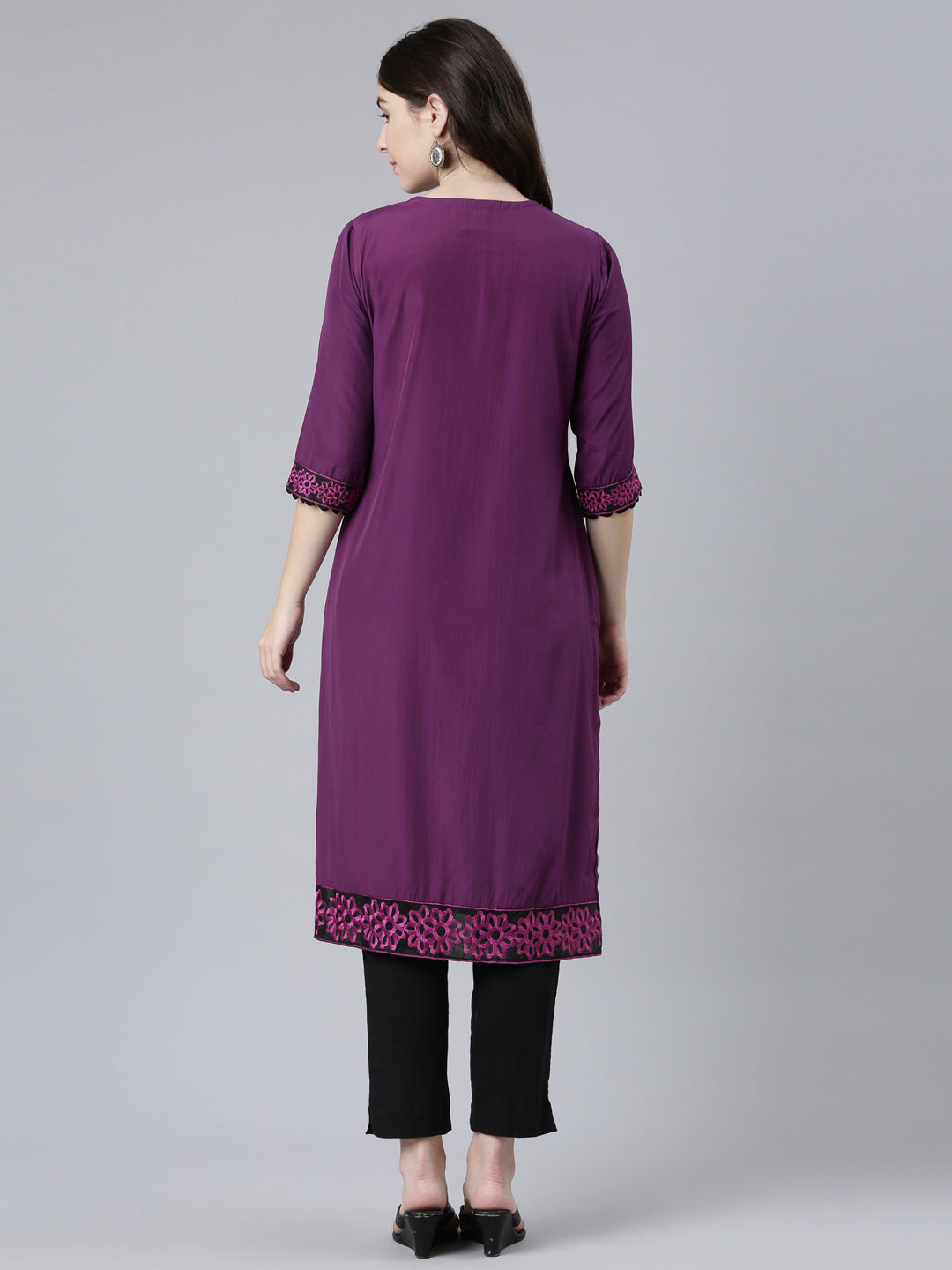 Neeru's Purple Regular Straight Solid Kurtas