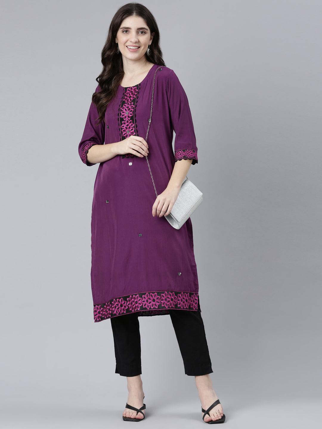 Neeru's Purple Regular Straight Solid Kurtas