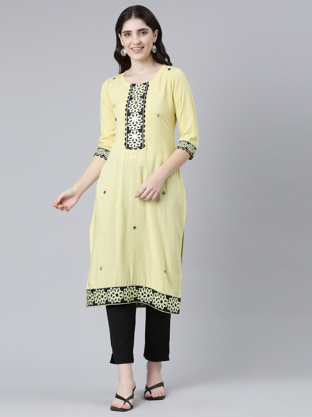 Neeru's Yellow Regular Straight Solid Kurtas