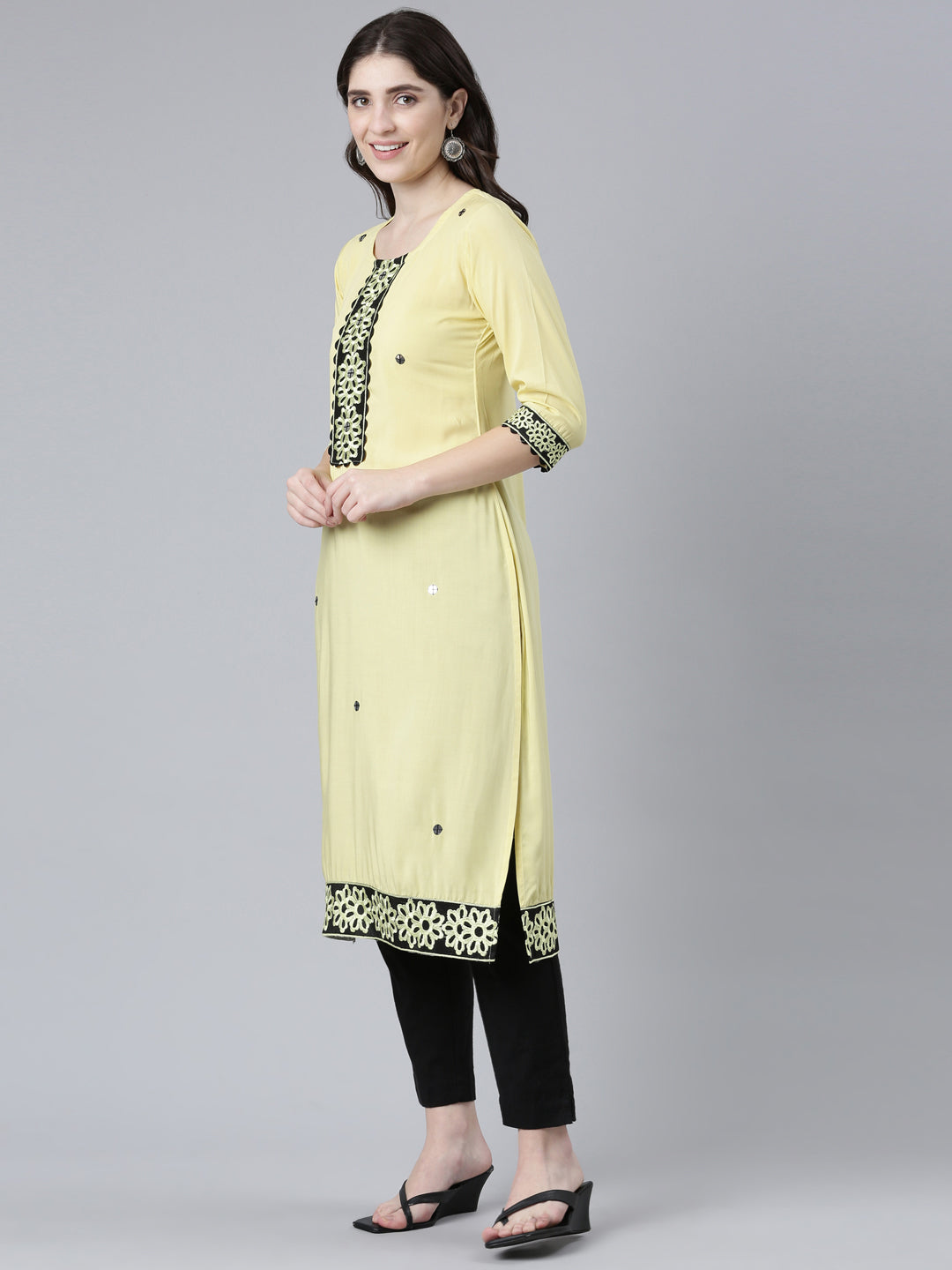 Neeru's Yellow Regular Straight Solid Kurtas