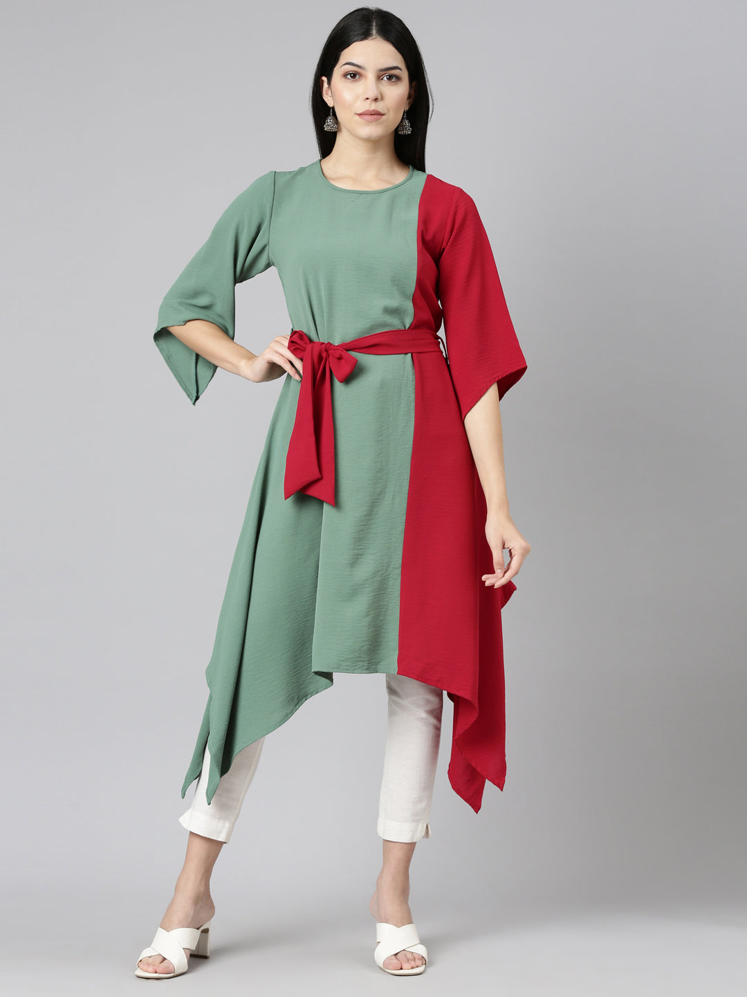 Neeru's Green High-Low Casual Printed Dress