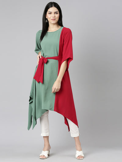 Neeru's Green High-Low Casual Printed Dress