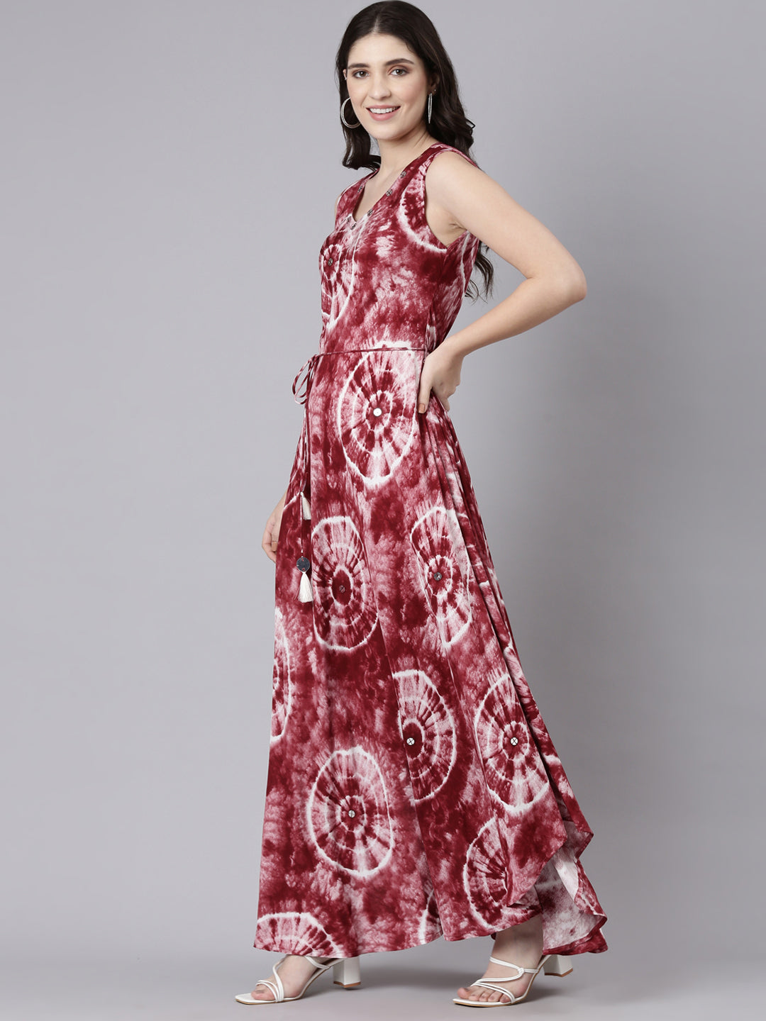 Neeru's Maroon Straight Casual Printed Maxi Dresses