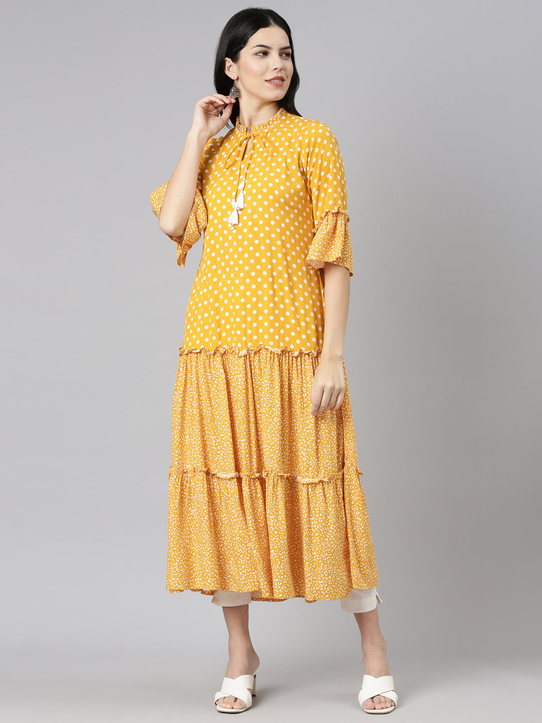 Neeru's Mustard Straight Casual Printed Dress