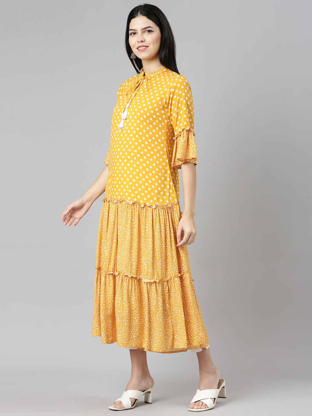 Neeru's Mustard Straight Casual Printed Dress