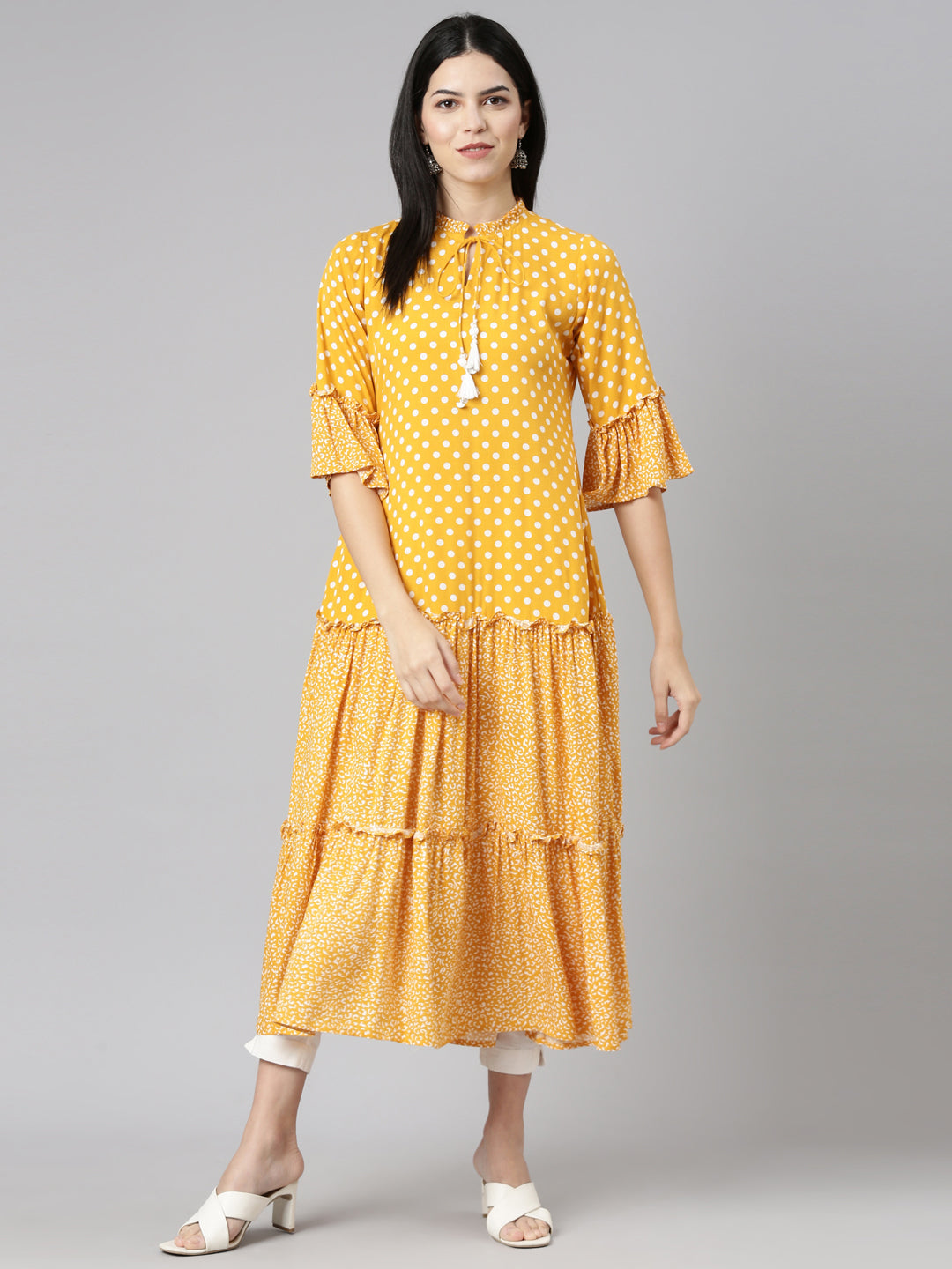 Neeru's Mustard Straight Casual Printed Dress