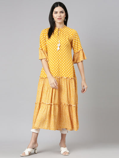 Neeru's Mustard Straight Casual Printed Dress