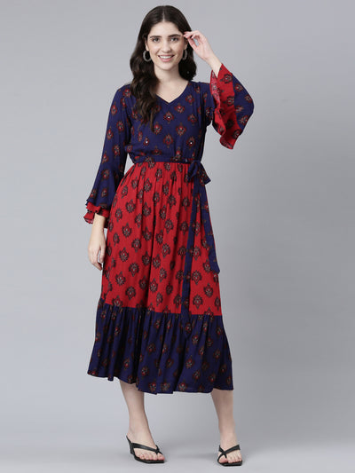 Neeru's Maroon Straight Casual Printed Dress