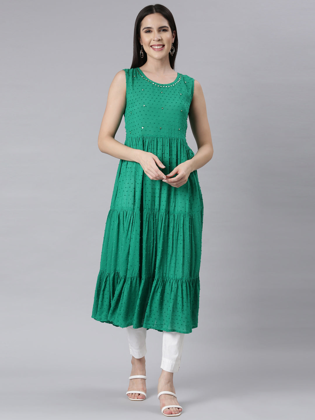 Neerus Green Panelled Anarkali Embellished Kurtas